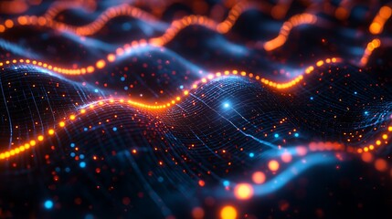 Obraz premium A radiant quantum computing network, glowing circuits forming a vast web of interlinked nodes, vibrant neon hues illuminating the structure,