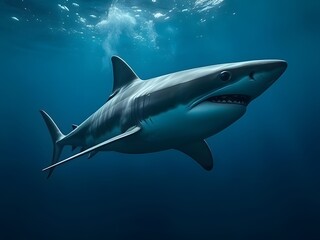 Fototapeta premium Majestic Underwater Shot of a Great White Shark Swimming Gracefully in the Deep Blue Ocean, Marine Life.