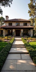 Obraz premium A serene and inviting home, surrounded by lush greenery and vibrant flowers