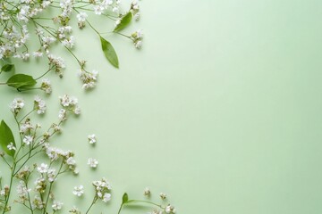 Spring floral arrangement on light green background with white blossoms and green leaves