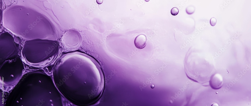 Poster close up view of purple liquid with bubbles creating an abstract visual effect