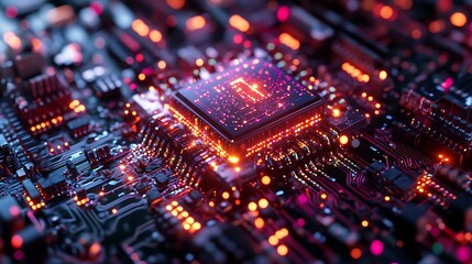 A radiant quantum processor at the center, bursting with sparks of vibrant neon light, glowing circuits extending outward in intricate patterns, surrounded by shimmering holographic energy trails,