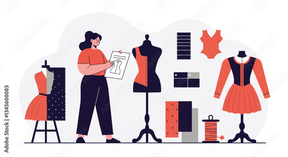 Poster fashion designer working on patterns in flat and minimal vector art