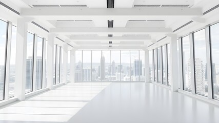empty open plan interior with large windows with megalopolis view with a whitish white tone