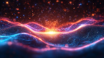 Obraz premium A radiant quantum processor glowing at the center, pulsating neon energy flows radiating in waves, dynamic holographic textures and floating luminous particles,
