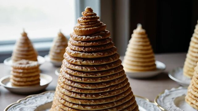Kransekake is a Scandinavian almond cake arranged in a ring tower, often adorned with icing, and served during weddings or special events.
