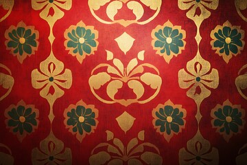 Ornate red and gold wallpaper with floral and diamond pattern in a vintage style design texture