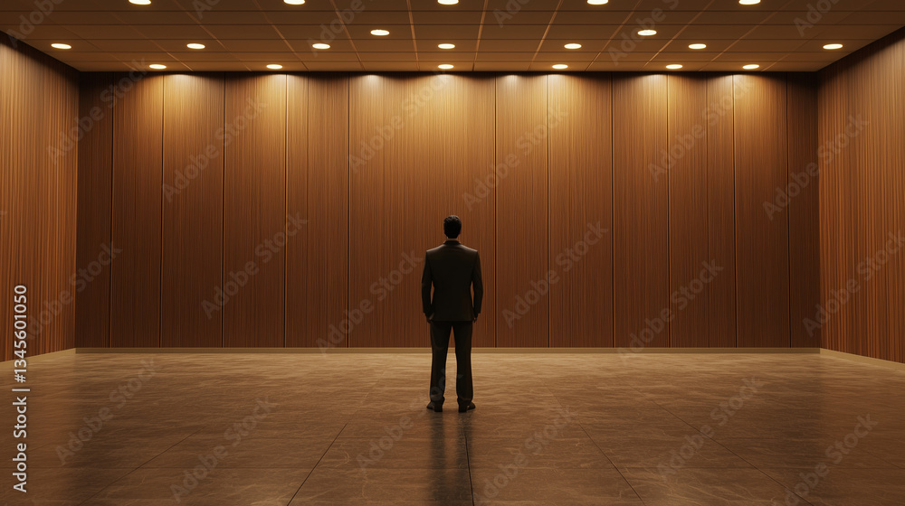 Poster alone in a cavernous room: a lone figure stands in a vast, empty space, the vastness of the setting 