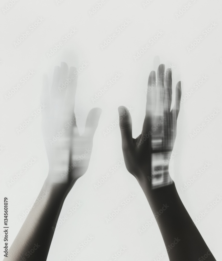 Poster Ethereal Digital Interaction Blurred Monochrome Hands Exploring Liminal Tech Boundaries - Minimalist AR Gesture Interface Design