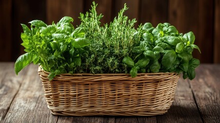 Naklejka premium Fresh herbs like basil, thyme, and rosemary are in wicker basket. Use it for cooking, gardening, or healthy lifestyle concepts.