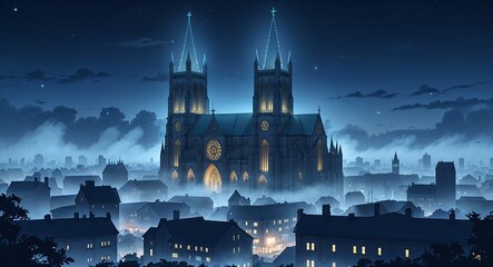 Gothic Cathedral Towering Over a Foggy Nighttime Cityscape anime cartoon illustration design