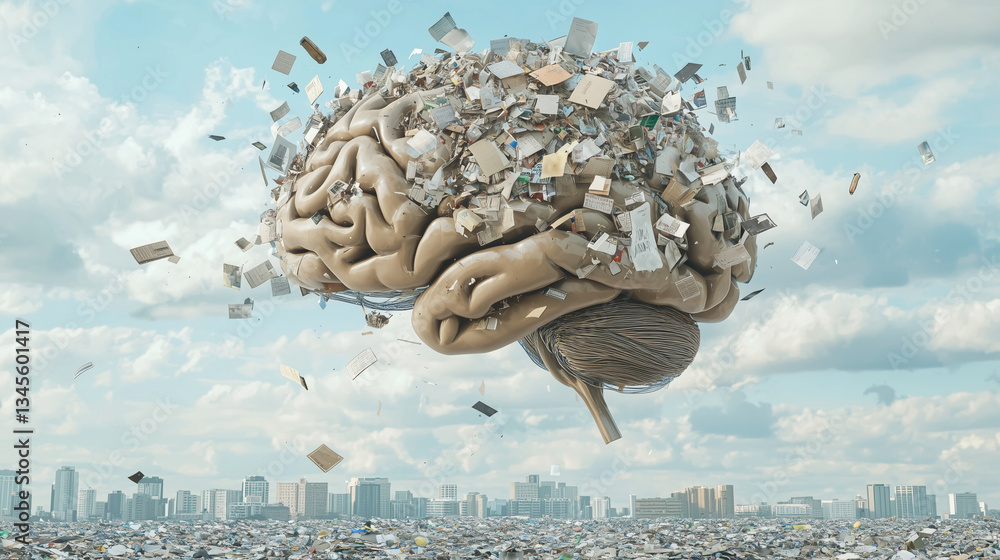 Poster exploding brain: a surreal conceptual artwork featuring a human brain seemingly bursting with scatte