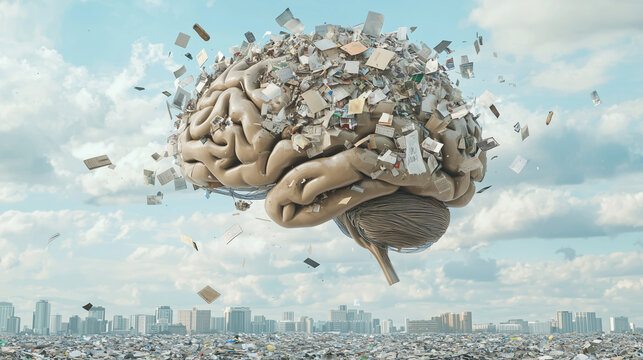 Exploding Brain: A surreal conceptual artwork featuring a human brain seemingly bursting with scattered papers, set against a cityscape under a bright blue sky. 