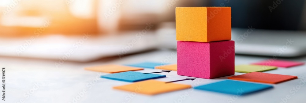 Poster Minimalist Digital Workflow Optimization Vibrant Color-Coded Blocks Illustrating Agile Project Management and Strategic Business Transformation Strategies