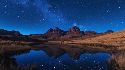 Milky Way reflecting on mountain lake at night