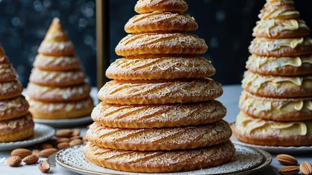 Kransekake is a Scandinavian almond cake arranged in a ring tower, often adorned with icing, and served during weddings or special events.