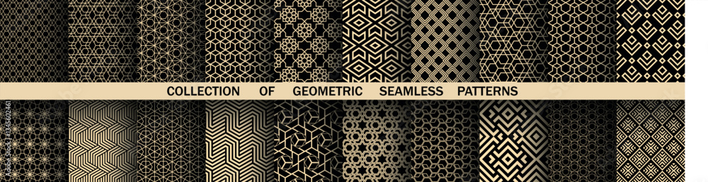 Leinwandbilder Geometric set of seamless black and golden patterns. Simple vector graphics