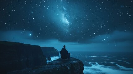 Night sky, man sits cliff edge, gazing, Ireland