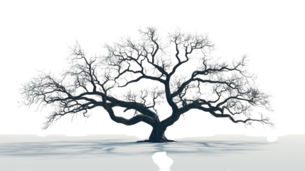 Leafless tree standing in snowy landscape with transparent background