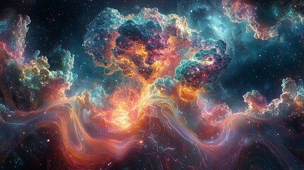 Fototapeta premium A surreal quantum realm, vibrant neon-lit layers of circuits radiating energy, dynamic waves of light weaving through multi-dimensional space, holographic particles and textures enhancing the design,