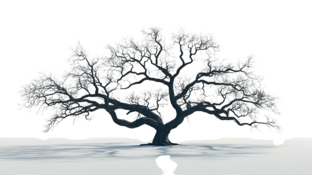 Leafless tree standing in snowy landscape with transparent background