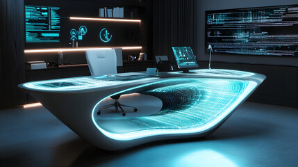 office with an infinity desk, where the surface seems to extend endlessly, and glowing digital panels surround the space, creating a futuristic work environment 