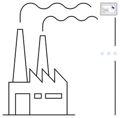 Industrial factory producing emissions with dual chimneys, complemented by a data chart representing analytical insights. Ideal for industry, sustainability, pollution, environmental impact