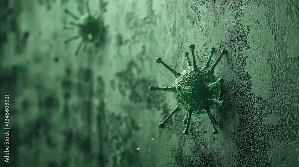 Poster microscopic menace: a striking depiction of a virus particle, showcasing its intricate structure aga