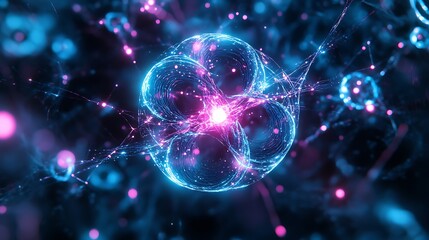 A vibrant quantum nexus, glowing circuits extending outward like a radiant web, holographic energy particles floating around, dynamic neon colors of blue and magenta illuminating a dark,