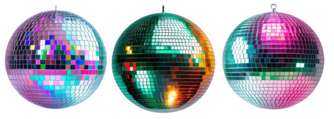 Set de tres bolas disco con diferentes colores. PNG.