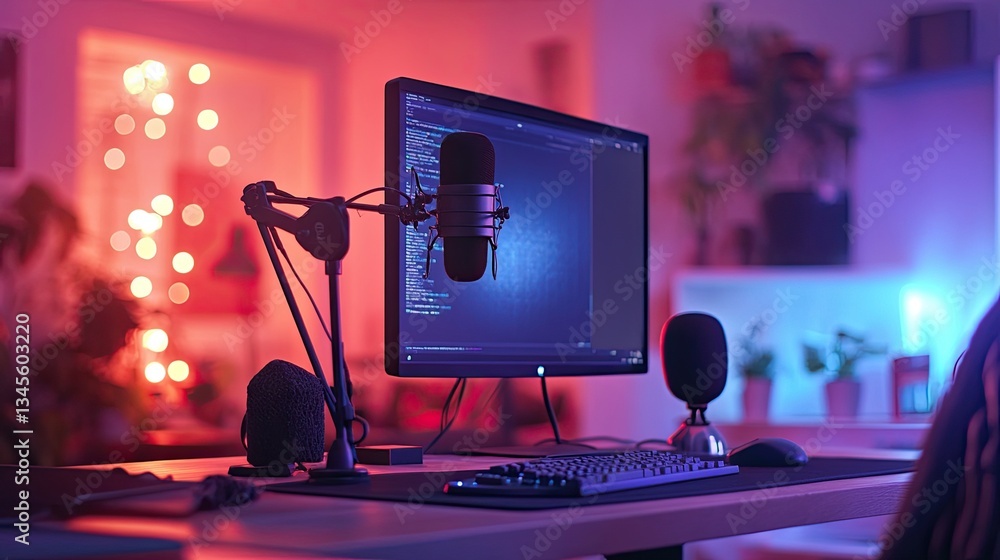 Poster a podcasting workspace with a microphone, computer screen displaying podcast notes, and ambient ligh