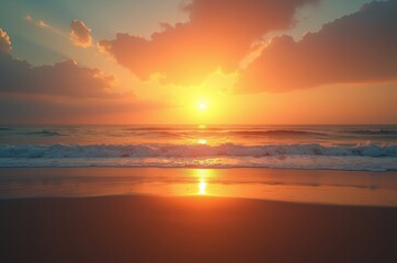Obraz premium The sun rises over the ocean, casting a warm glow on the waves