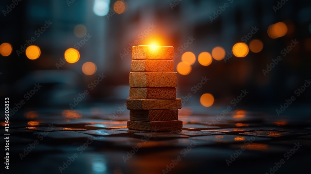 Poster stock and management of business knowledge lighting on solution building wood blocks on table