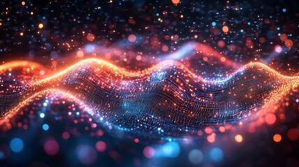 Obraz premium An abstract quantum realm, floating layers of glowing electronic circuits illuminated by neon energy, radiant waves of light weaving through the design,