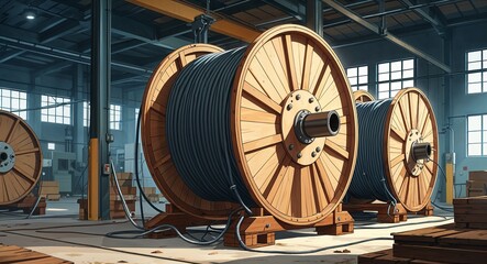 Massive Wooden Cable Reels with Electrical Wiring in Factory anime cartoon illustration design
