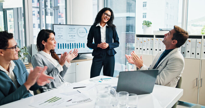 Accountant, finance or business people clapping in presentation for success, charts or capital growth. Goal, accounting profit or happy financial advisor with investor, graphs or directors for praise