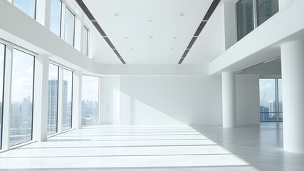 Obraz premium empty open plan interior with large windows with megalopolis view with a whitish white tone