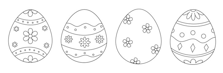Easter eggs with floral doodle pattern outline vector set