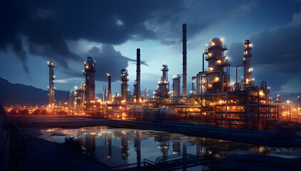 Fototapeta premium a vast oil refinery at twilight, with towering distillation columns emitting steam, surrounded by intricate pipelines, and illuminated by warm artificial lights 