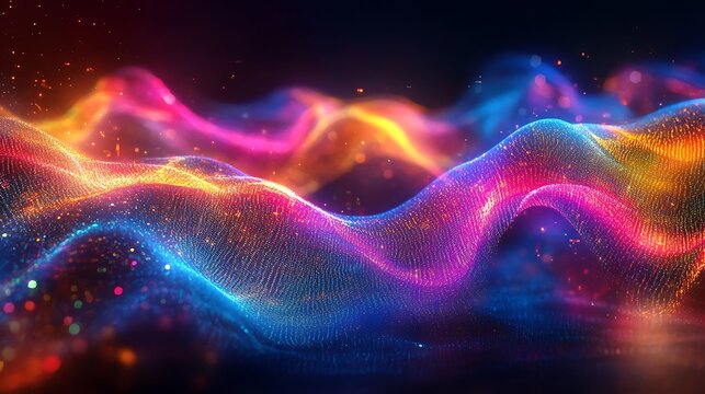 Surreal quantum data wave representation, pulsating energy streams flowing smoothly through glowing circuits, vibrant neon colors creating abstract light trails,