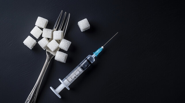Sugar Addiction: A visual metaphor for the dangers of excessive sugar consumption, with sugar cubes impaled on a fork beside a syringe, creating a stark comparison.