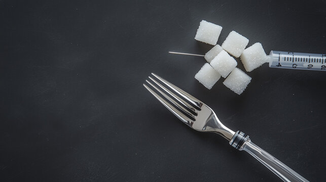Sugar Addiction: Metaphorical representation of sugar addiction, featuring sugar cubes on a syringe and fork, symbolizing the sweet trap and health risks associated with excessive sugar consumption. 