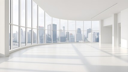 Obraz premium empty open plan interior with large windows with megalopolis view with a whitish white tone