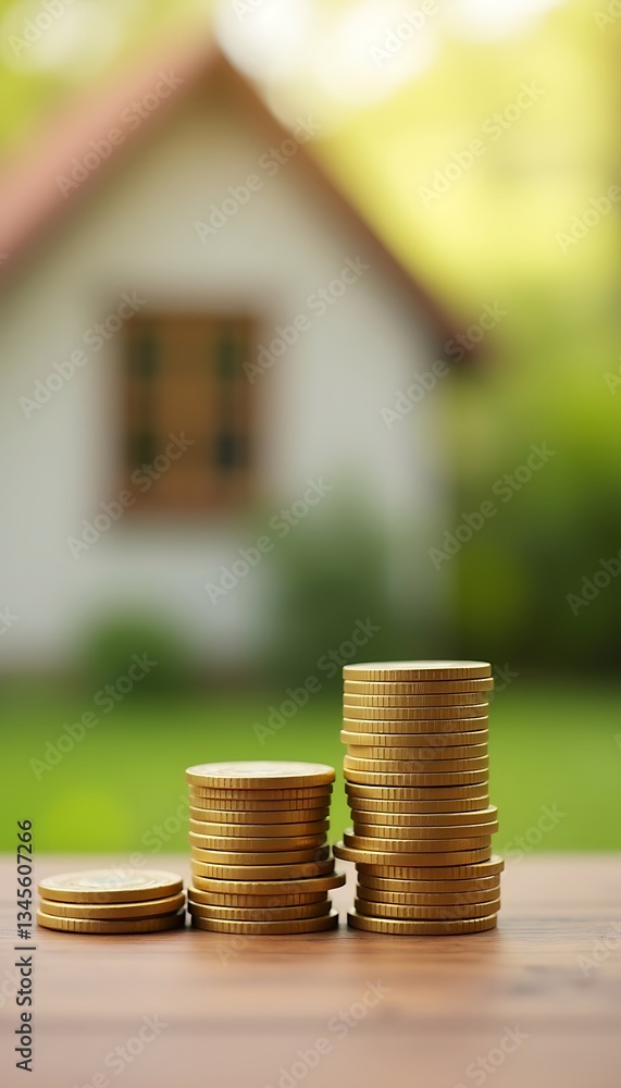 Poster generative ai financial growth concept with stacks of coins and a house in the background
