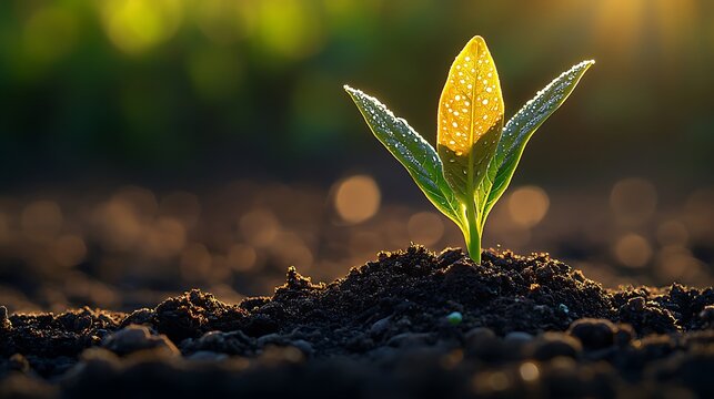 A fragile seedling breaking through the soil, sunlight streaming through the early morning mist, intricate patterns on its young leaves, rich earthy browns contrasting with vibrant greens,