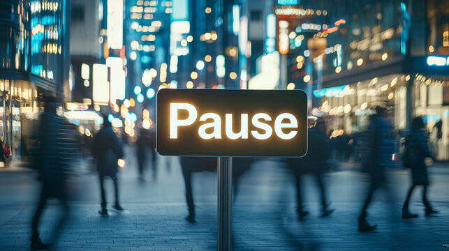 Time Out in the City: A captivating image of a 'Pause' sign illuminated in a vibrant cityscape, with blurred figures passing by, symbolizing the need for reflection amid the hustle. 