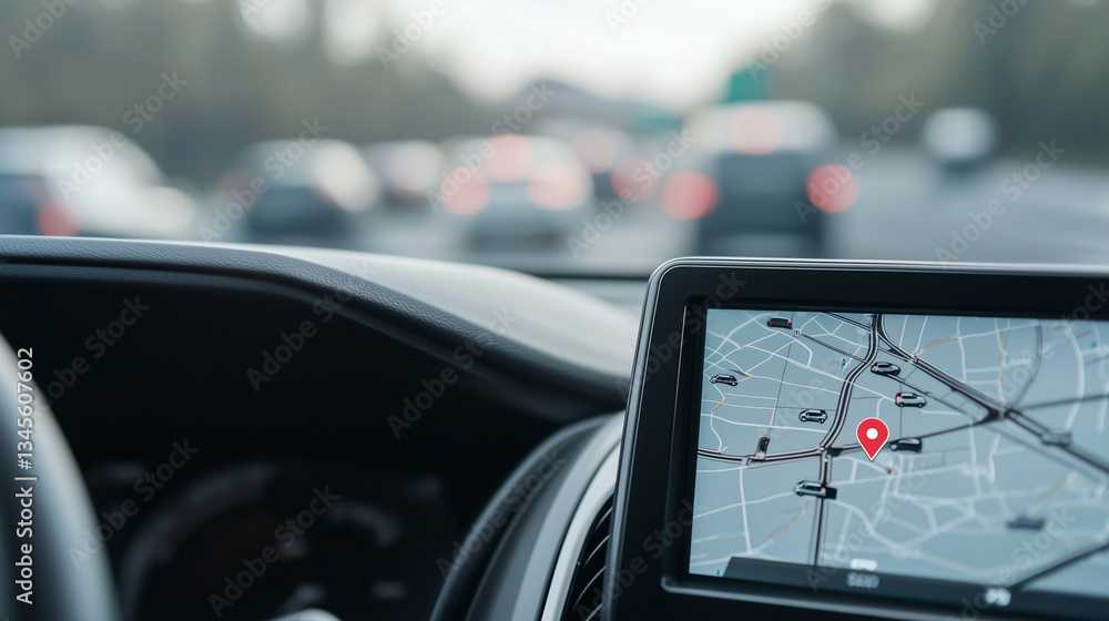 Poster navigating the urban maze: a vehicle's interior showing the dashboard and a navigation system displa