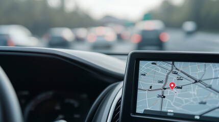Navigating the Urban Maze: a vehicle's interior showing the dashboard and a navigation system displaying a detailed map, guiding the driver through a bustling urban landscape.
