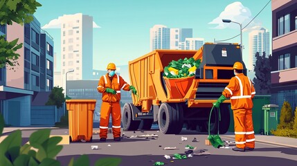 Two sanitation workers in protective gear collecting trash from city street into a garbage truck.