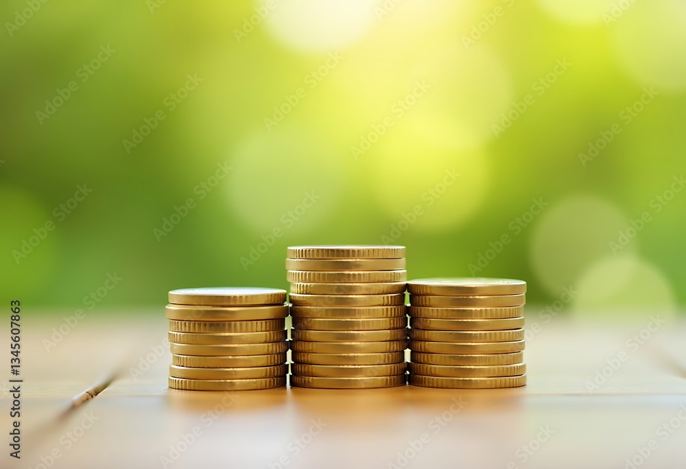 Poster generative ai three golden coin stacks against a blurred green bokeh background
